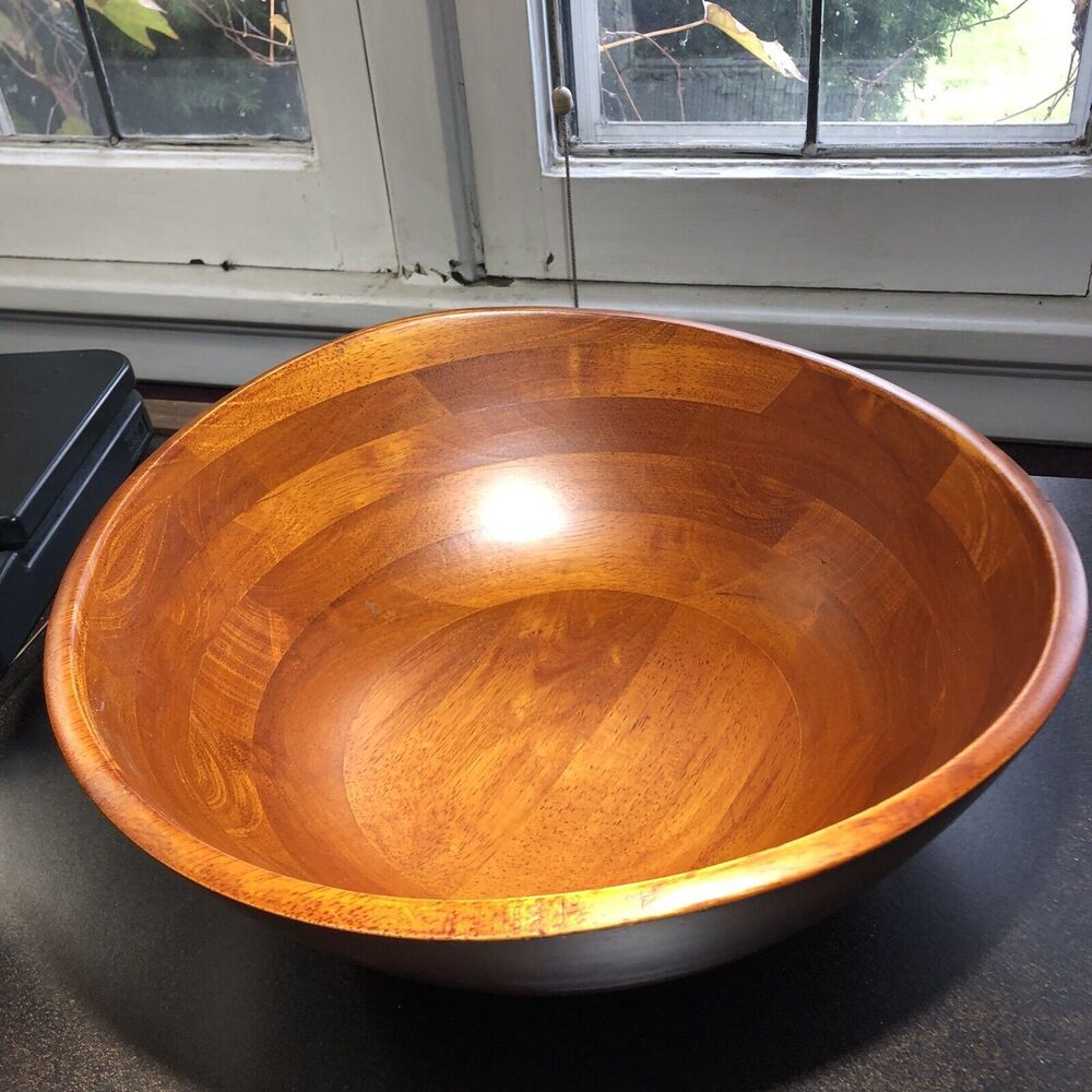 7 Piece  Salad Set Cherrywood Large Wavy Salad Bowl with Servers 4 Indiv Bowls - Picture 4 of 14